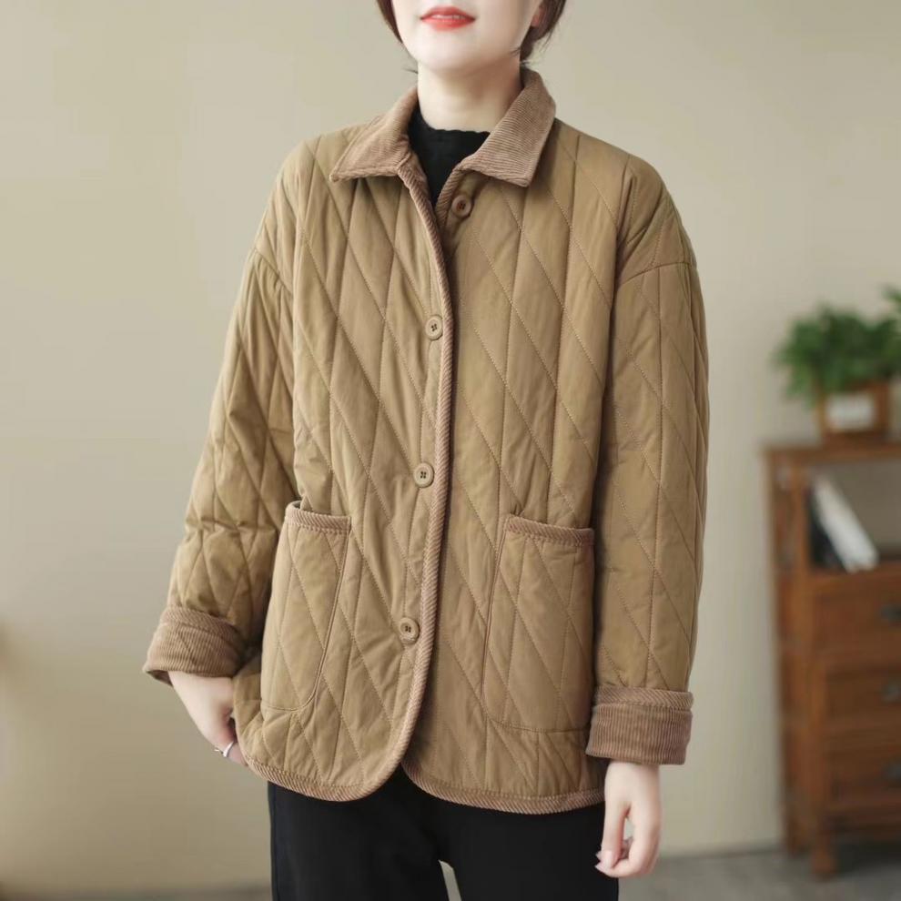 Vintage Collar Cotton-padded Clothes Stitching Rhombic Lapel Cotton-padded Loose Jacket