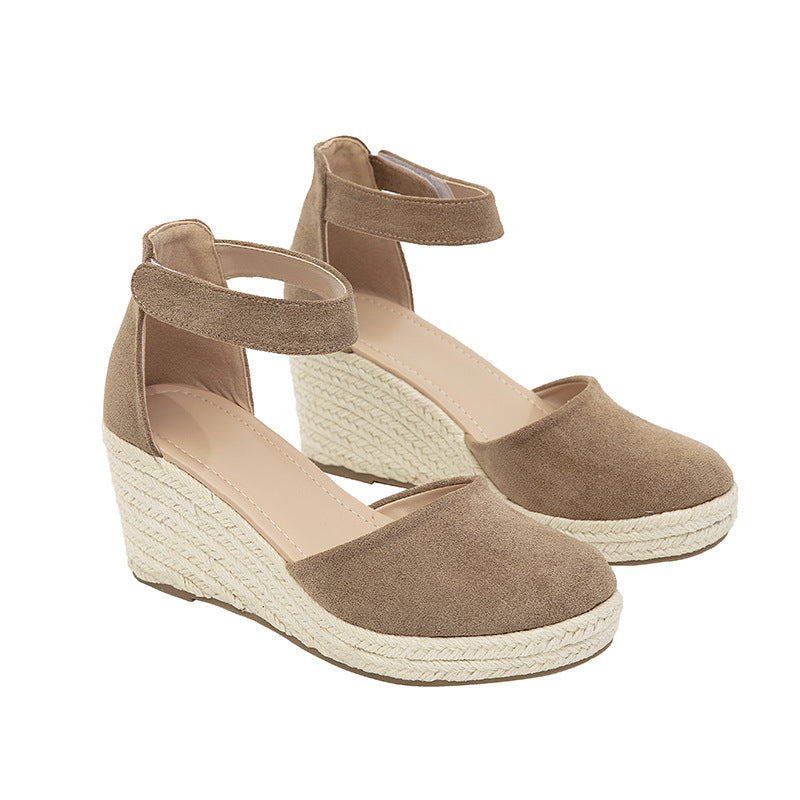 Sandalias elegantes para mujer, nuevas sandalias de cuña con punta cerrada, plataforma de paja tejida con cuerda de cáñamo