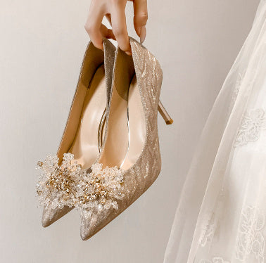 Zapatos de moda con lentejuelas para banquetes, puntiagudos, para bodas Xiuhe