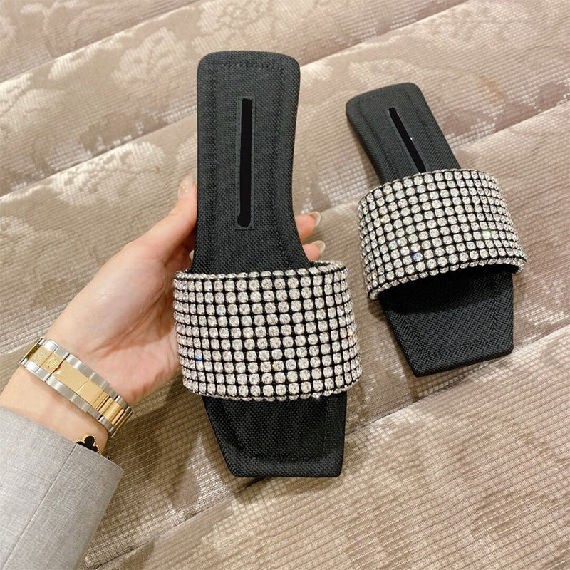 Diamond Toe Fashion Black Square Slippers