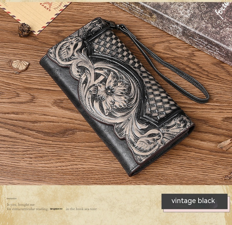 Cartera con relieve de estilo chino para mujer, billetera de piel de vaca larga de primera capa, billetera de moda de gran capacidad, bolso triple, billetera retro