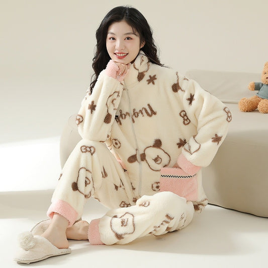 Outerwear Fleece-lined Thick Style Homewear Long-sleeve Suit