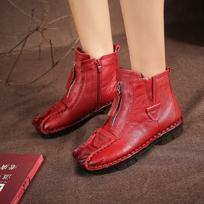 Women's Fashion Retro Warm Fleece-lined Genuine Leather Cotton-padded Shoes