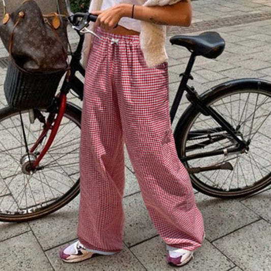 Pantalones a cuadros rojos con contraste de color estilo casual americano