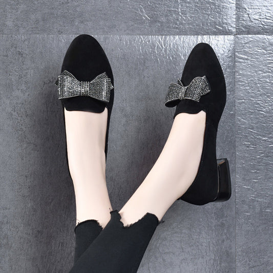 All-matching Round Toe Rhinestone Bow Leather Shoes