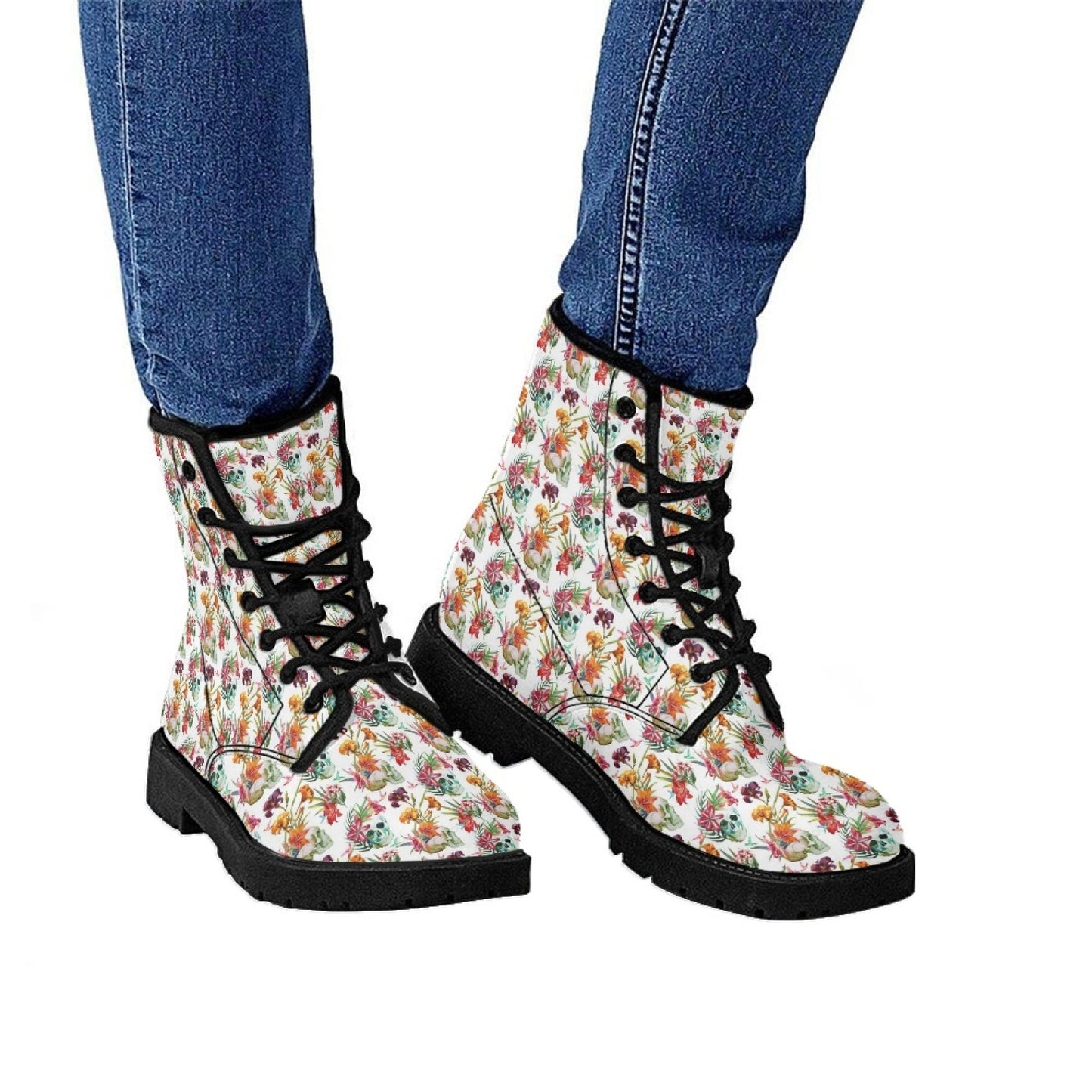 Printed Women's Leather Flat Bottom Low Heel British Martin Boots