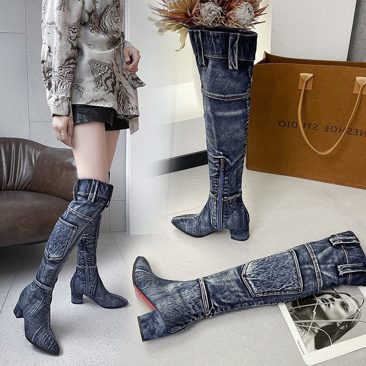 New Pointed Mid Heel Denim Over Knee Boots