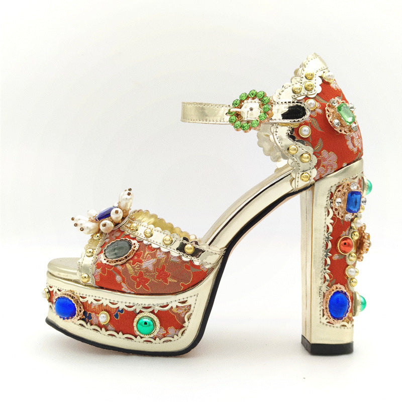 Vintage Rhinestone Leather Platform Thick Heel Baroque Fish Mouth Women's Sandals