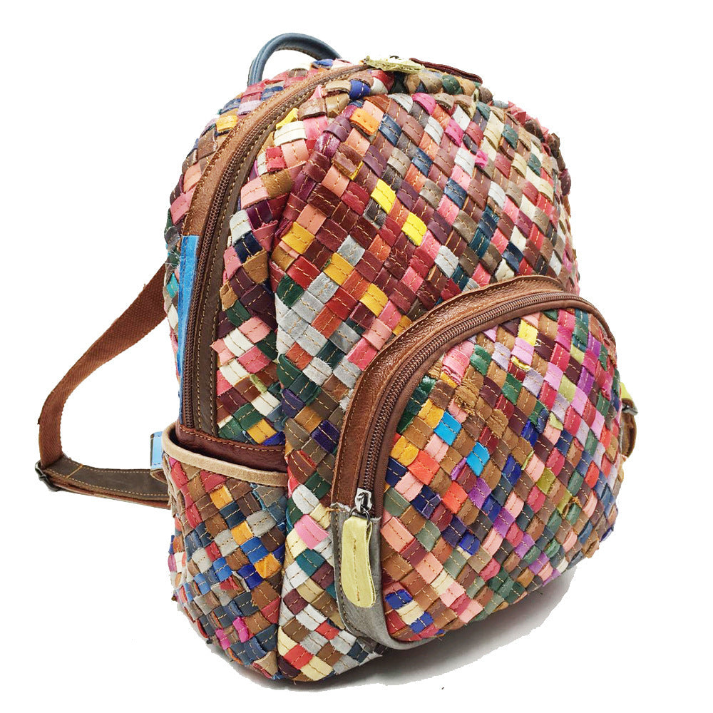 Women's Stitching Color Cowhide Hand-woven Backpack