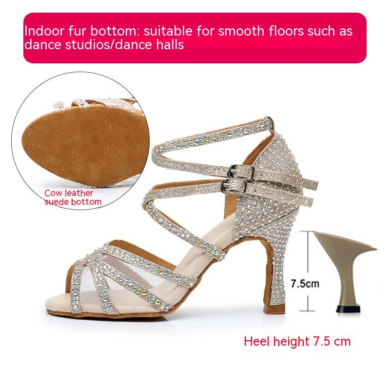 Diamond Latin Dance Shoes Women's Sandals Professional Soft Bottom Dance Shoes Mid-high Heelindoor