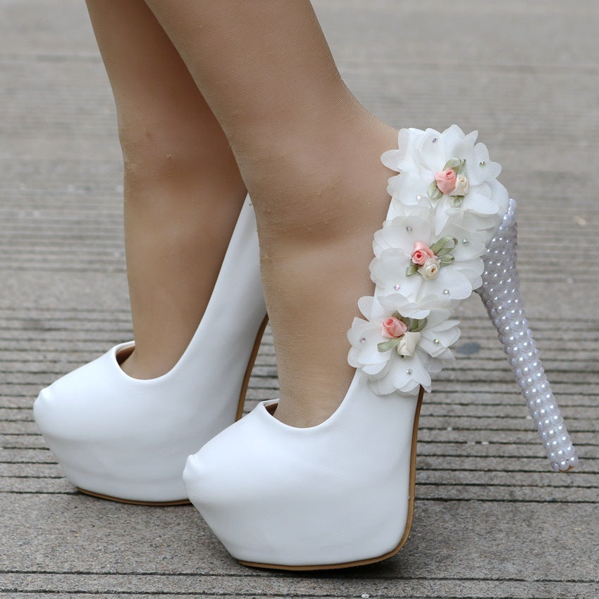 Large Size Waterproof Platform High Heel Round Toe Pearl Shoes