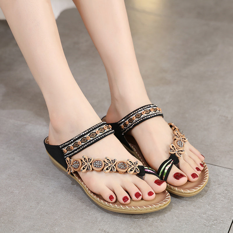 Bohemian Folk Style Rhinestones With Clip Toe Slippers