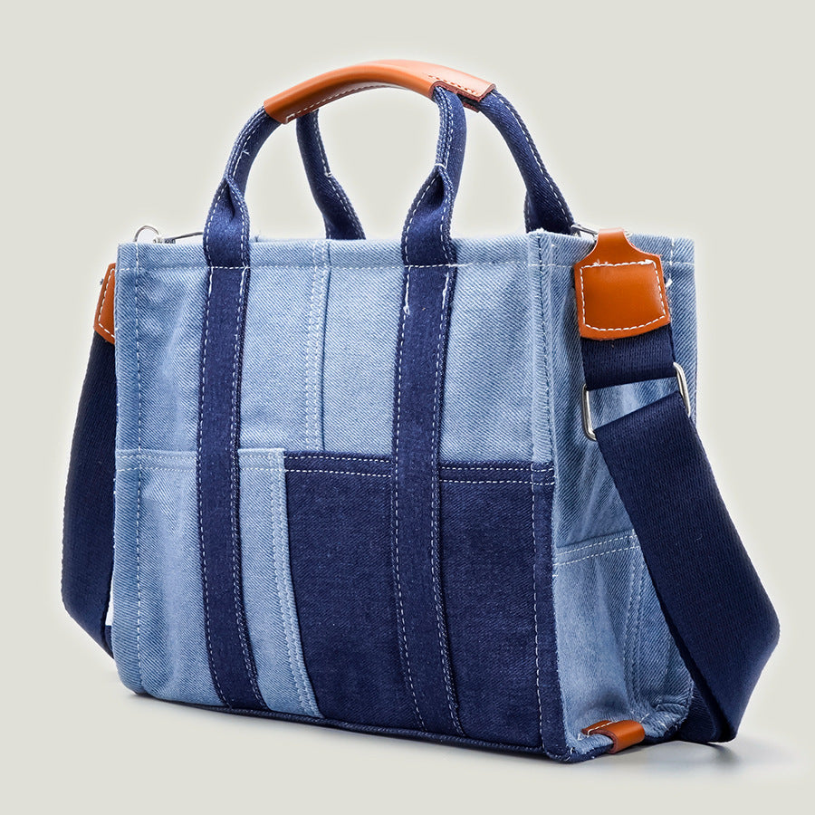 Denim Canvas Stitching One Shoulder Diagonal Bag Large Capacity